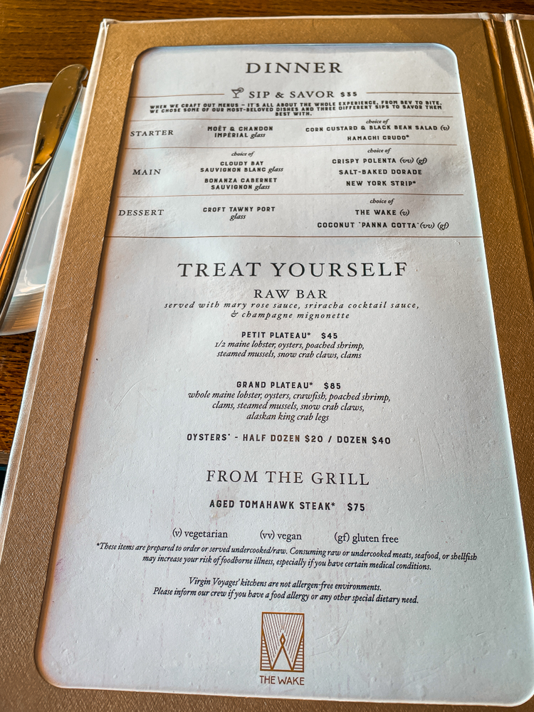 The menu of restaurant The Wake.