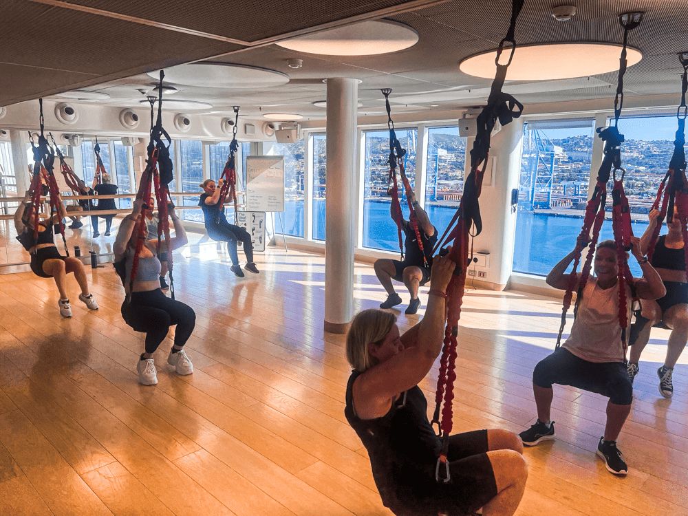Bungee class, one of the activities on the Virgin Voyages Scarlet Lady.