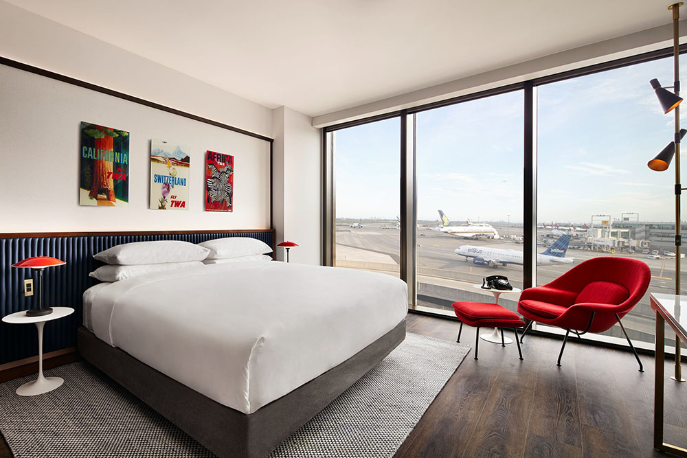 The hotel rooms at TWA Hotel in NY.