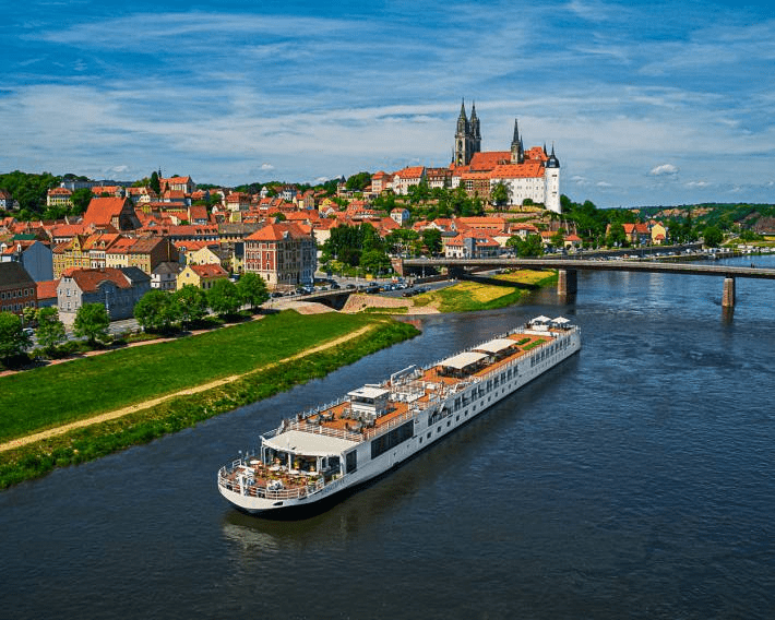 A drone picture of the Viking Ve River Cruise.