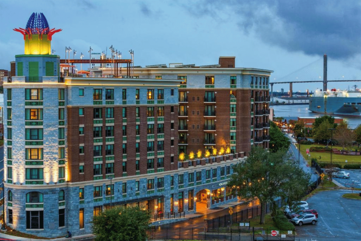 Exterior of Homewood Suites where to stay in Savannah, GA. 
