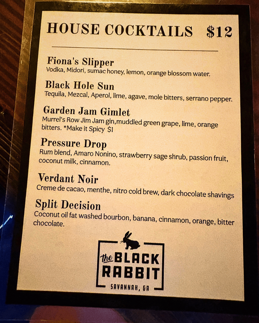 Black Rabbit Drink Menu